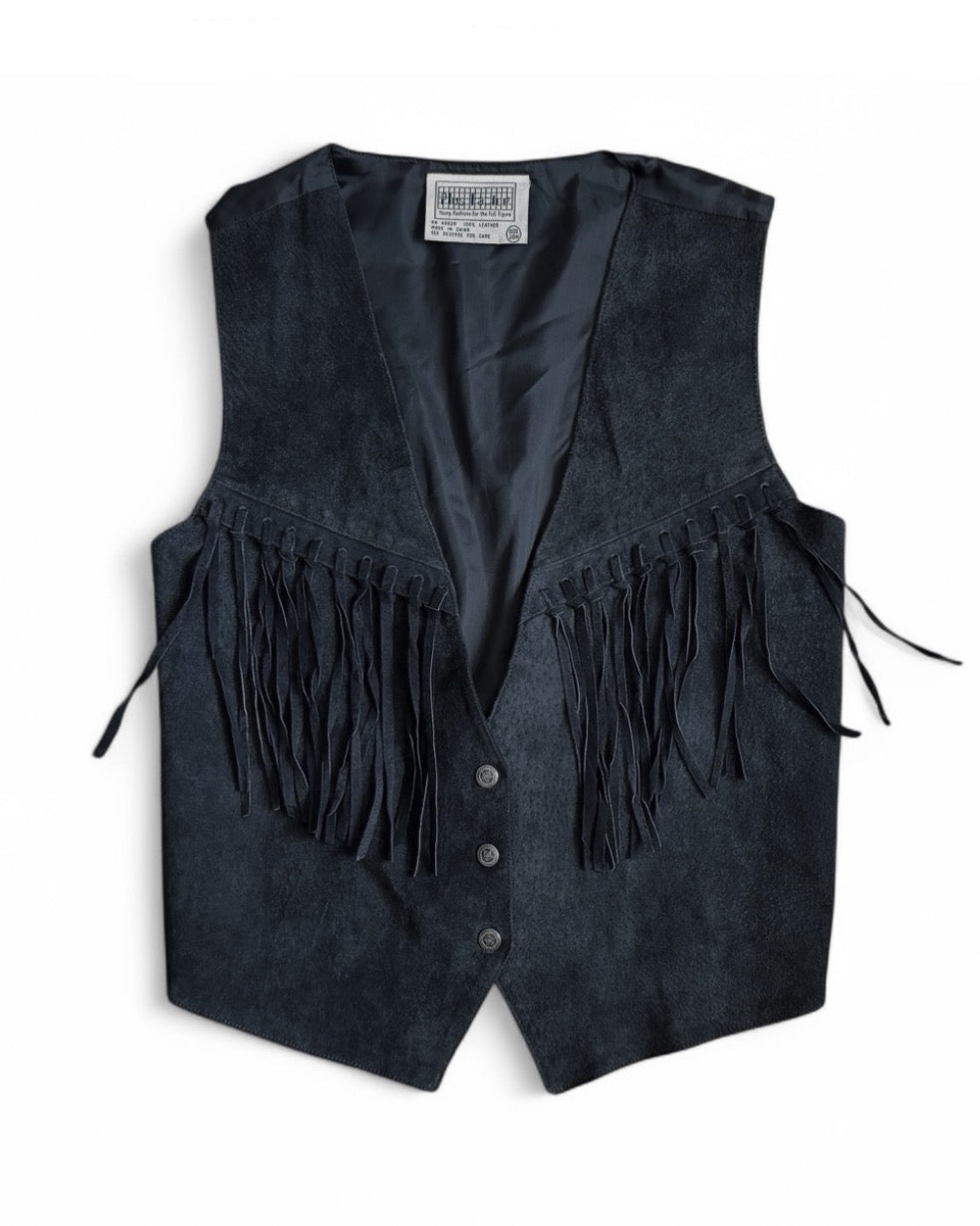 Vintage Plus Factor Black Suede Western Fringe Vest