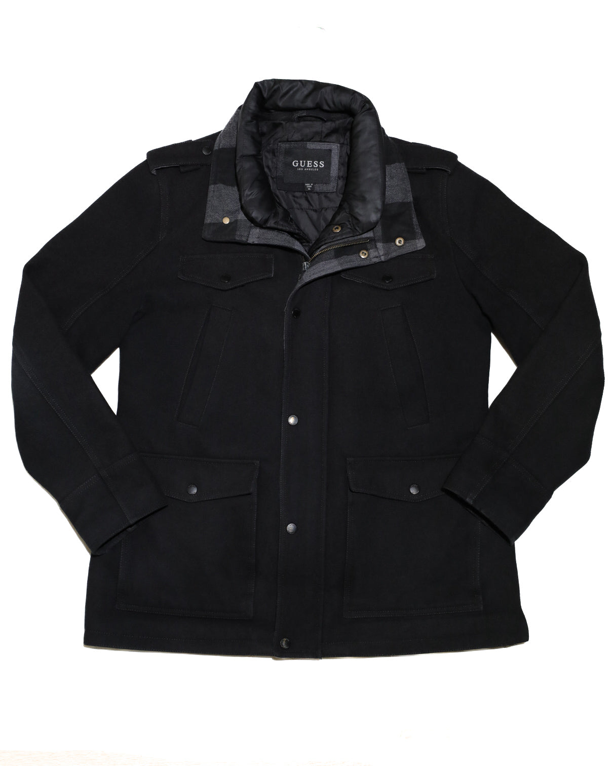 GUESS BLACK WOOL- BLEND INSULATED MILITARY QUILTED COAT