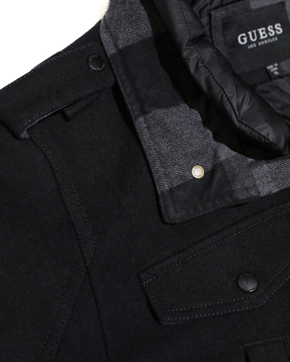 GUESS BLACK WOOL- BLEND INSULATED MILITARY QUILTED COAT