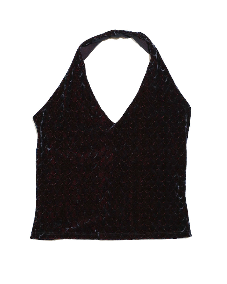 VINTAGE HANKY PANKY VELVET BLACK/ RED SHEER HALTER TOP