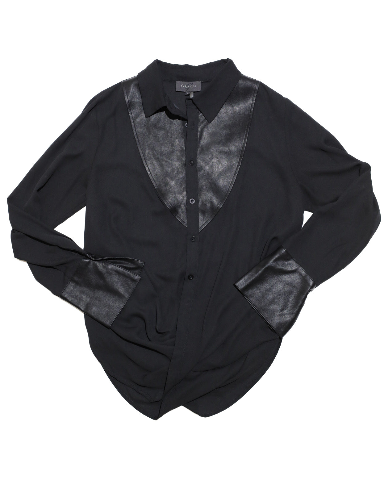 GRACIA FAUX LEATHER LINED WOMENS BLOUSE WITH CROSS WRAP WAISTBAND