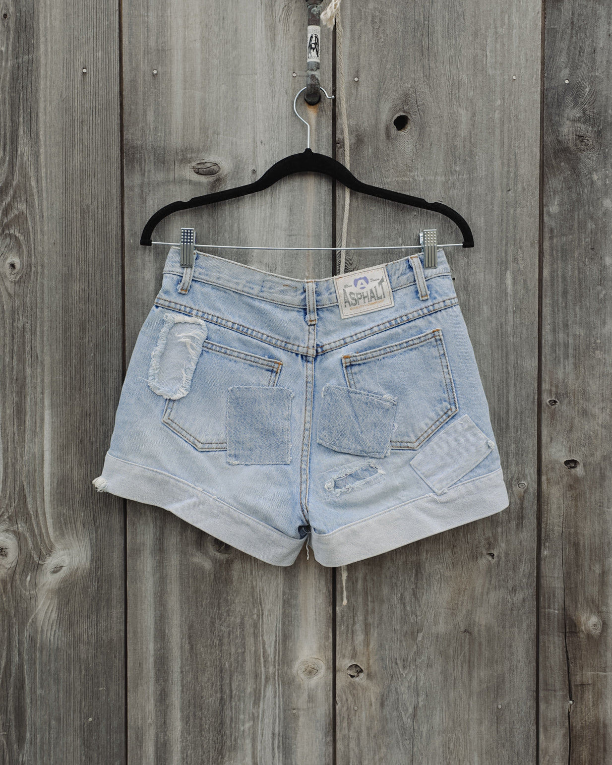 Vintage Blue Asphalt Patchwork Denim Shorts