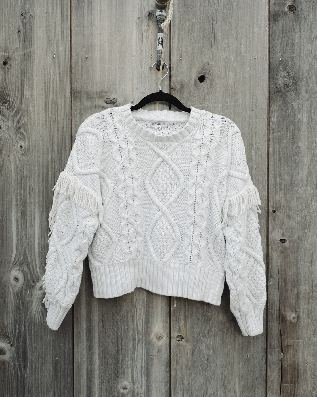 FOR THE REPUBLIC FRINGE CHUNKY CABLE KNIT SWEATER
