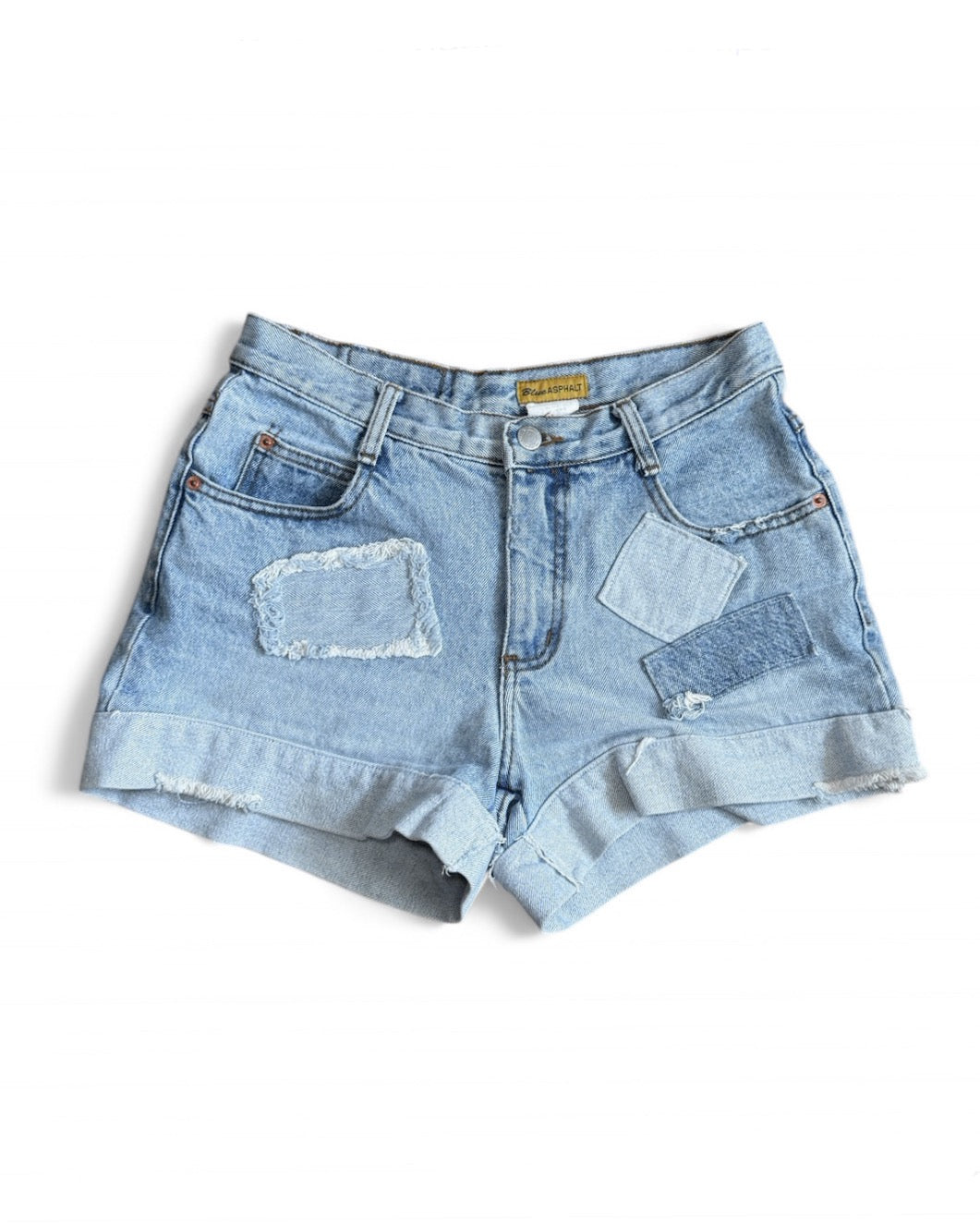Vintage Blue Asphalt Patchwork Denim Shorts