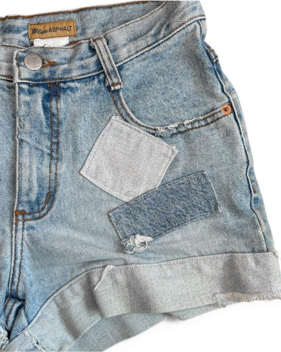 Vintage Blue Asphalt Patchwork Denim Shorts