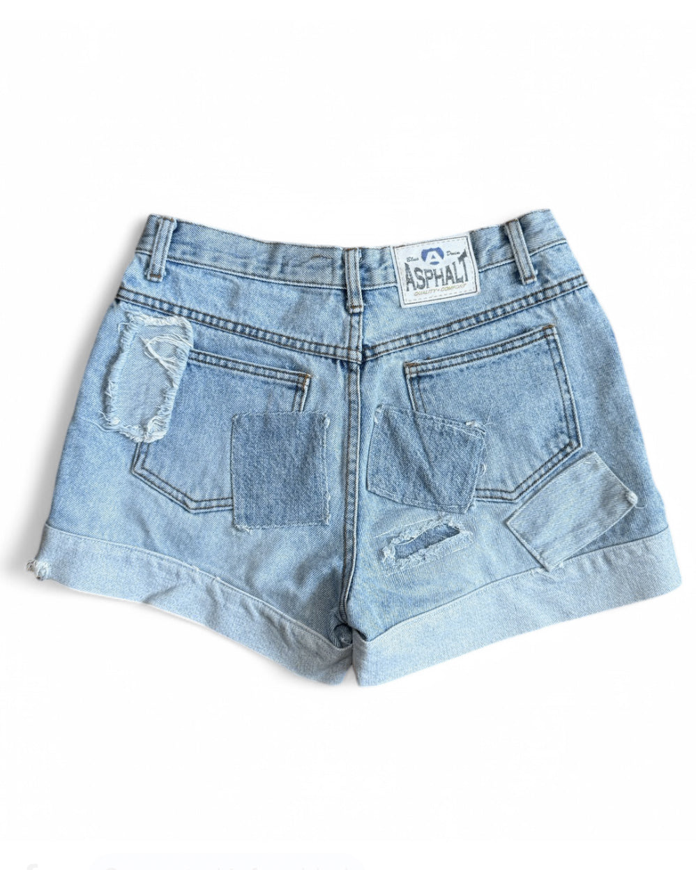 Vintage Blue Asphalt Patchwork Denim Shorts
