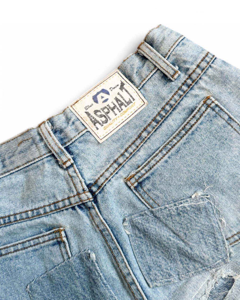 Vintage Blue Asphalt Patchwork Denim Shorts