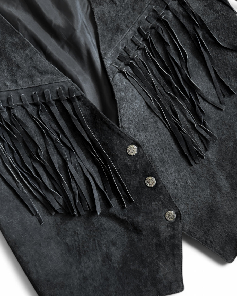Vintage Plus Factor Black Suede Western Fringe Vest
